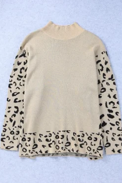 New Dear-Lover Leopard High Neck Side Slit Oversized Sweater Khaki
