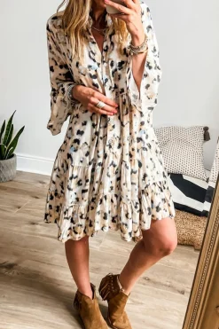 Sale Dear-Lover Leopard Print Buttoned Front 3/4 Sleeve Tiered Ruffled Hem Dress Khaki