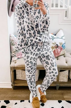 Best Dear-Lover Leopard Print Drawstring Hoodie and Skinny Pants Lounge Set Khaki