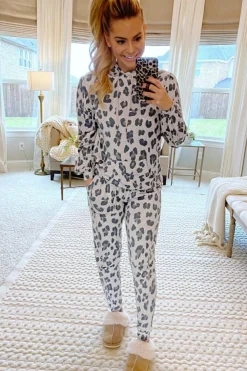 Best Dear-Lover Leopard Print Drawstring Hoodie and Skinny Pants Lounge Set Khaki
