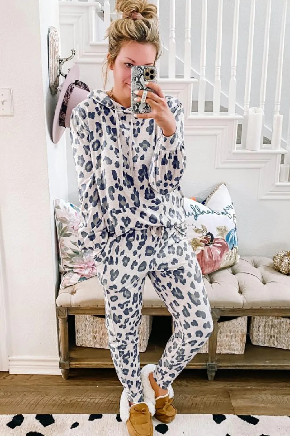 Best Dear-Lover Leopard Print Drawstring Hoodie and Skinny Pants Lounge Set Khaki