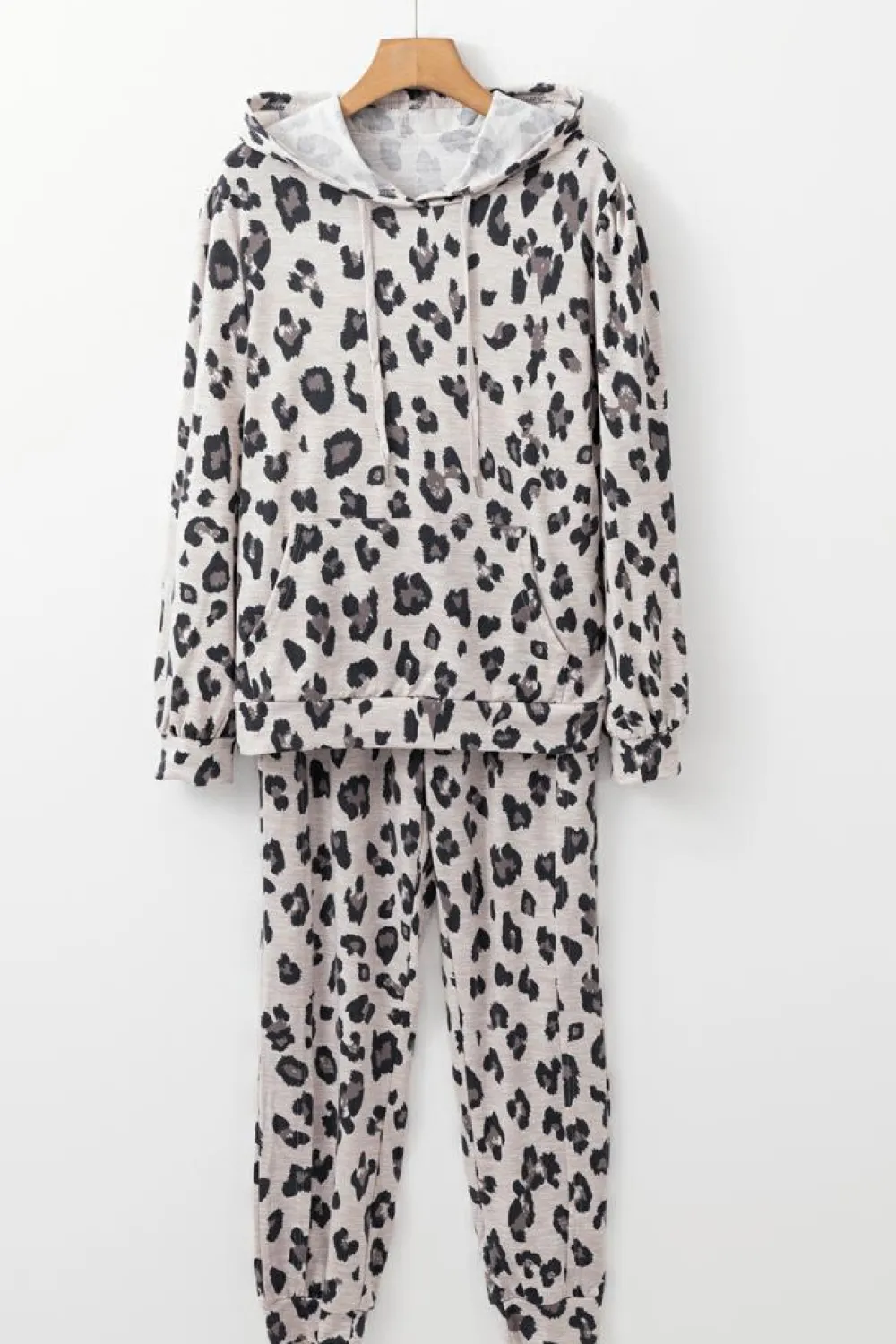 Best Dear-Lover Leopard Print Drawstring Hoodie and Skinny Pants Lounge Set Khaki