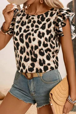 New Dear-Lover Leopard Print Layered Ruffled Short Sleeve Blouse Khaki