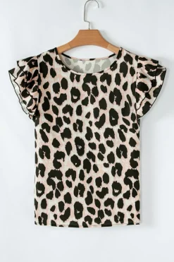 New Dear-Lover Leopard Print Layered Ruffled Short Sleeve Blouse Khaki