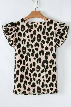New Dear-Lover Leopard Print Layered Ruffled Short Sleeve Blouse Khaki