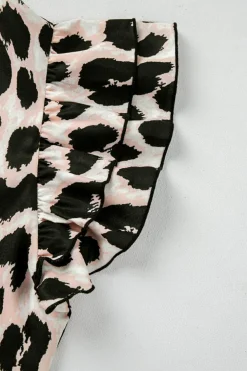 New Dear-Lover Leopard Print Layered Ruffled Short Sleeve Blouse Khaki