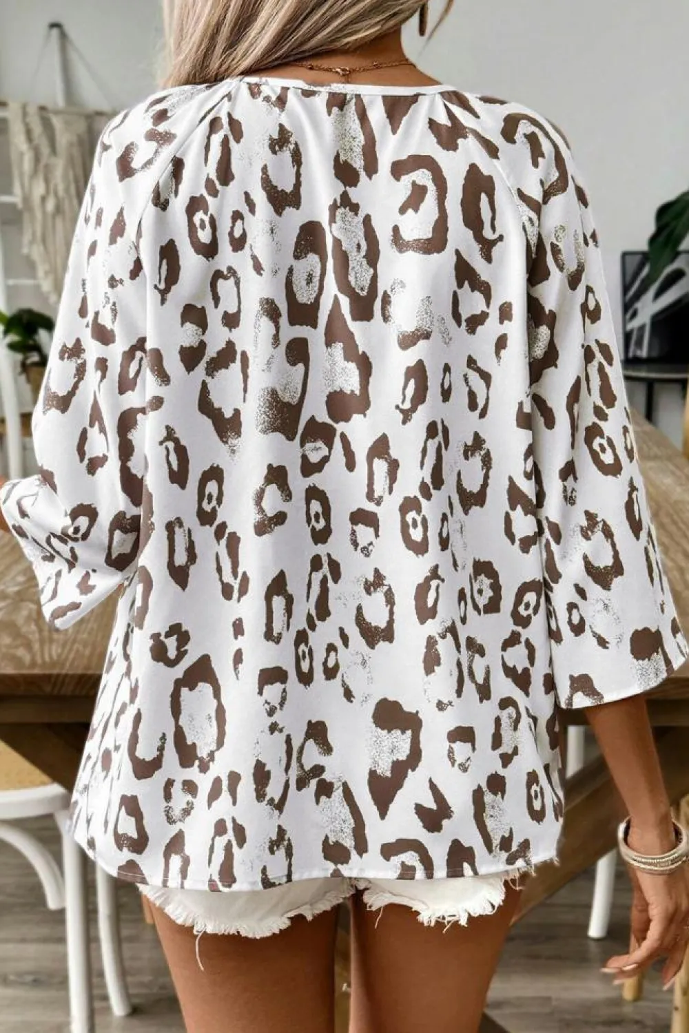 Online Dear-Lover Leopard Print Ruched V Neck 3/4 Sleeve Blouse Khaki