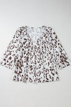 Online Dear-Lover Leopard Print Ruched V Neck 3/4 Sleeve Blouse Khaki