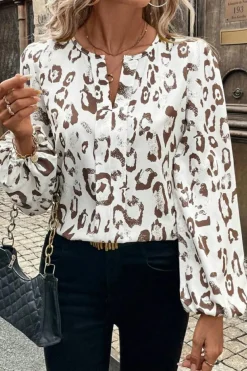 Best Dear-Lover Leopard Print Split Neck Balloon Sleeve Blouse Khaki