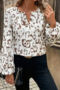 Best Dear-Lover Leopard Print Split Neck Balloon Sleeve Blouse Khaki
