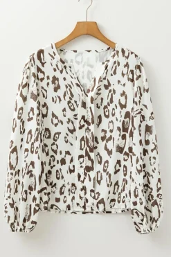 Best Dear-Lover Leopard Print Split Neck Balloon Sleeve Blouse Khaki