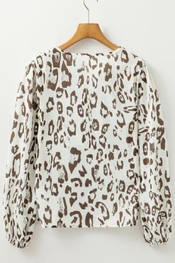 Best Dear-Lover Leopard Print Split Neck Balloon Sleeve Blouse Khaki