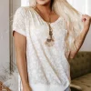 Clearance Dear-Lover Leopard Print V Neck Side Slit Loose Fit T Shirt Khaki