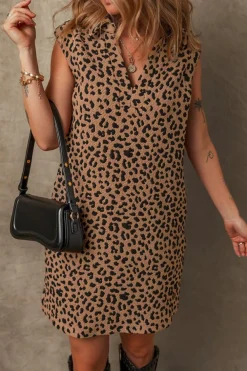Fashion Dear-Lover Leopard Print V Neck Sleeveless Collared Mini Dress Khaki