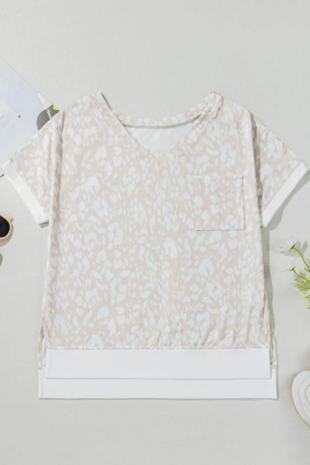 Clearance Dear-Lover Leopard Print V Neck Side Slit Loose Fit T Shirt Khaki