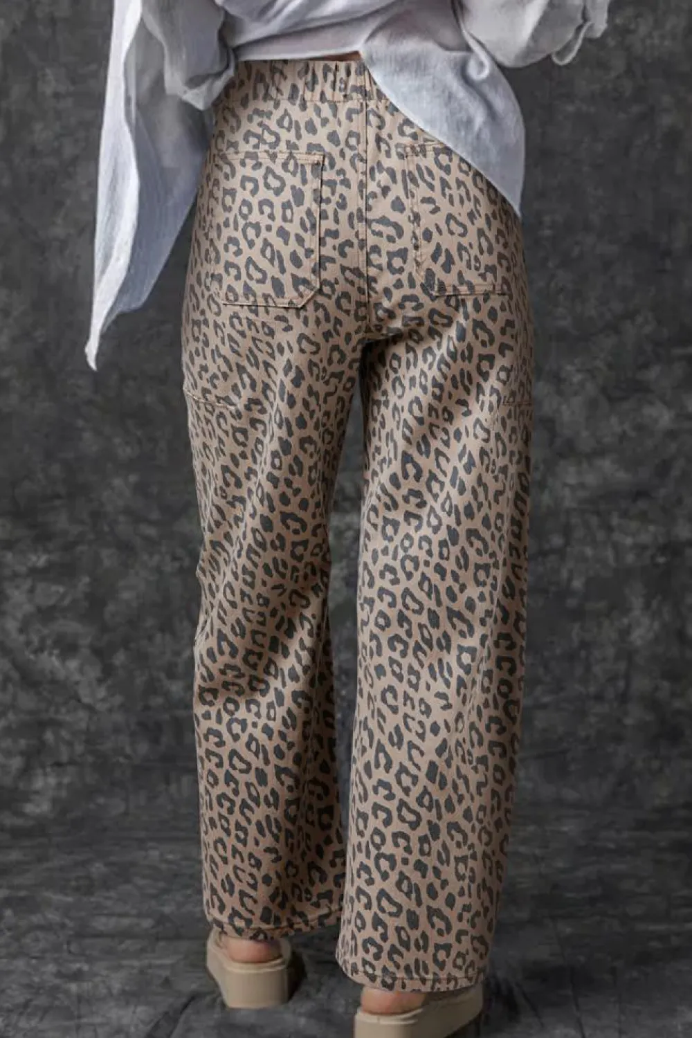Fashion Dear-Lover Leopard Printed Drawstring Waist Pocketed Wide Leg Jeans Khaki