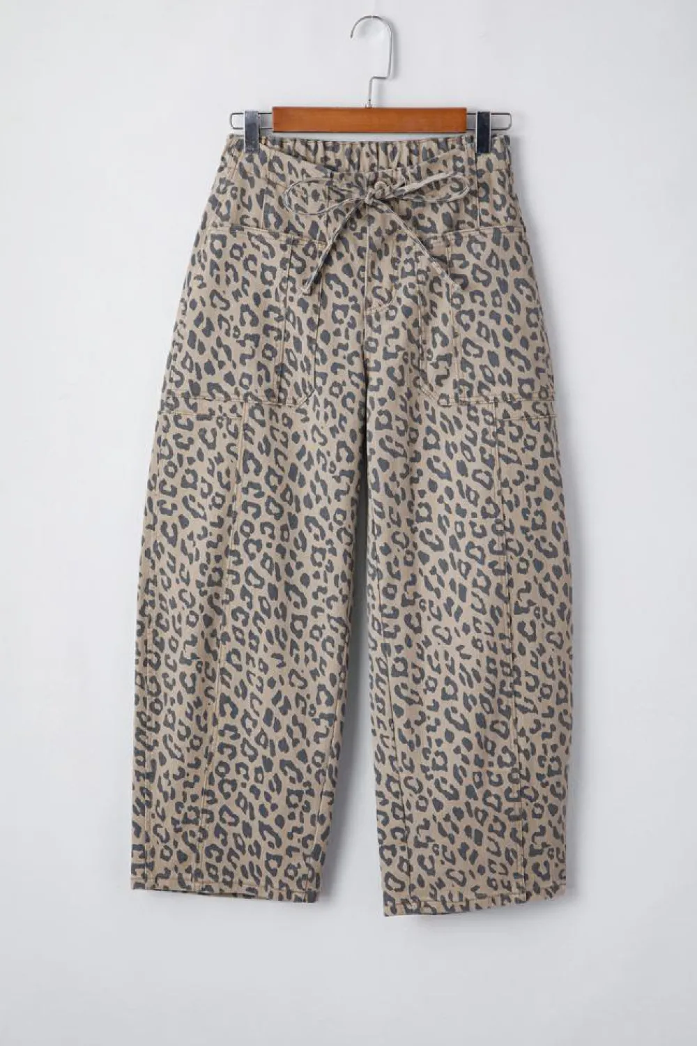 Fashion Dear-Lover Leopard Printed Drawstring Waist Pocketed Wide Leg Jeans Khaki