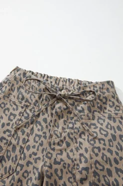 Fashion Dear-Lover Leopard Printed Drawstring Waist Pocketed Wide Leg Jeans Khaki