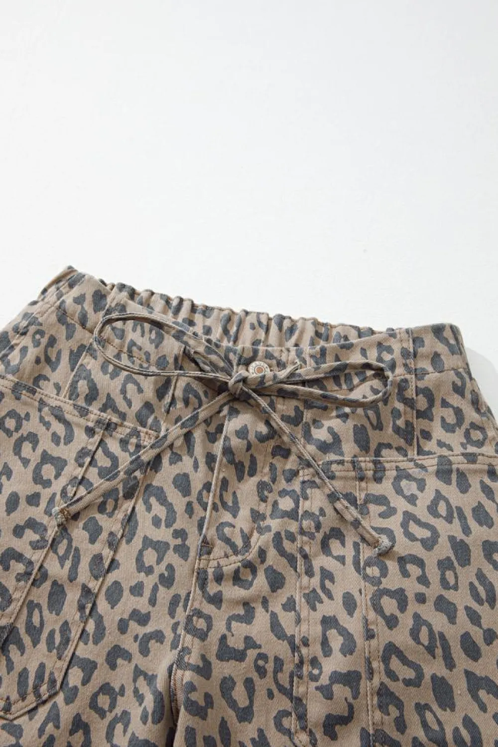 Fashion Dear-Lover Leopard Printed Drawstring Waist Pocketed Wide Leg Jeans Khaki