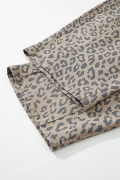 Fashion Dear-Lover Leopard Printed Drawstring Waist Pocketed Wide Leg Jeans Khaki