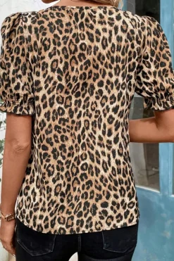 New Dear-Lover Leopard Ruffled Neck Cascading Puff Short Sleeve Top Khaki