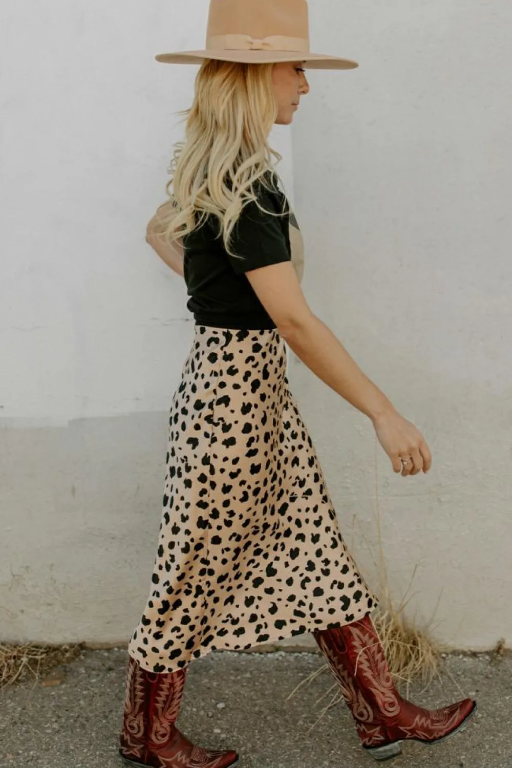 New Dear-Lover Leopard Spots Printed Split Hem Midi Skirt Khaki