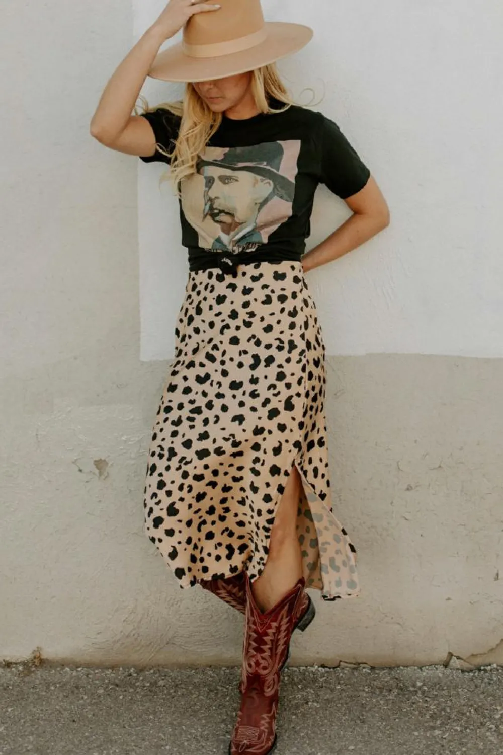 New Dear-Lover Leopard Spots Printed Split Hem Midi Skirt Khaki