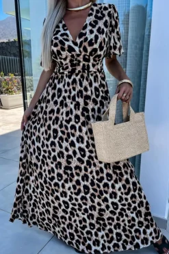 Fashion Dear-Lover Leopard V Neck Cinched High Waist Open Back Maxi Dress Khaki
