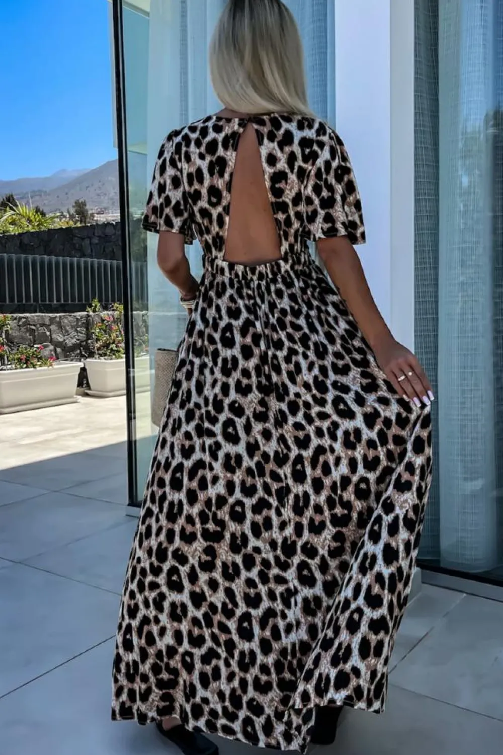 Fashion Dear-Lover Leopard V Neck Cinched High Waist Open Back Maxi Dress Khaki