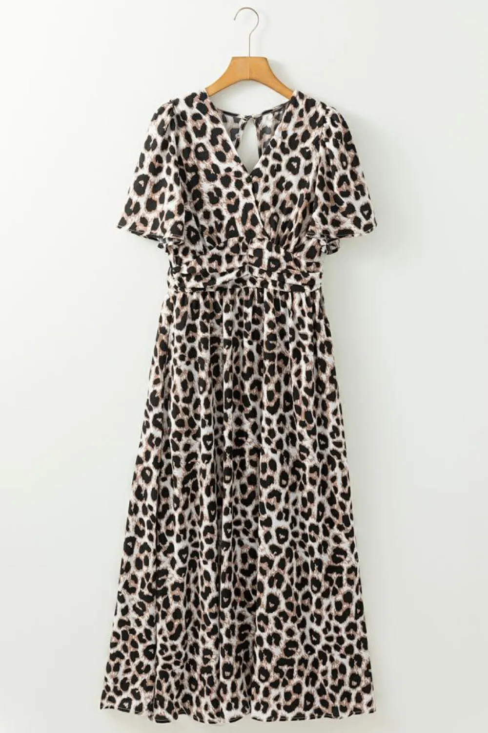 Fashion Dear-Lover Leopard V Neck Cinched High Waist Open Back Maxi Dress Khaki