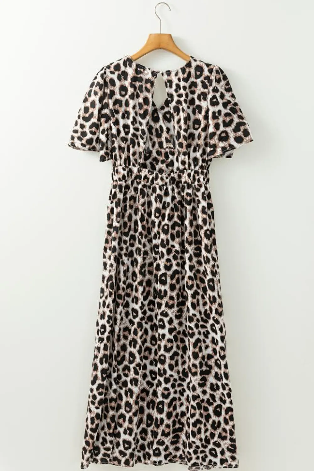 Fashion Dear-Lover Leopard V Neck Cinched High Waist Open Back Maxi Dress Khaki