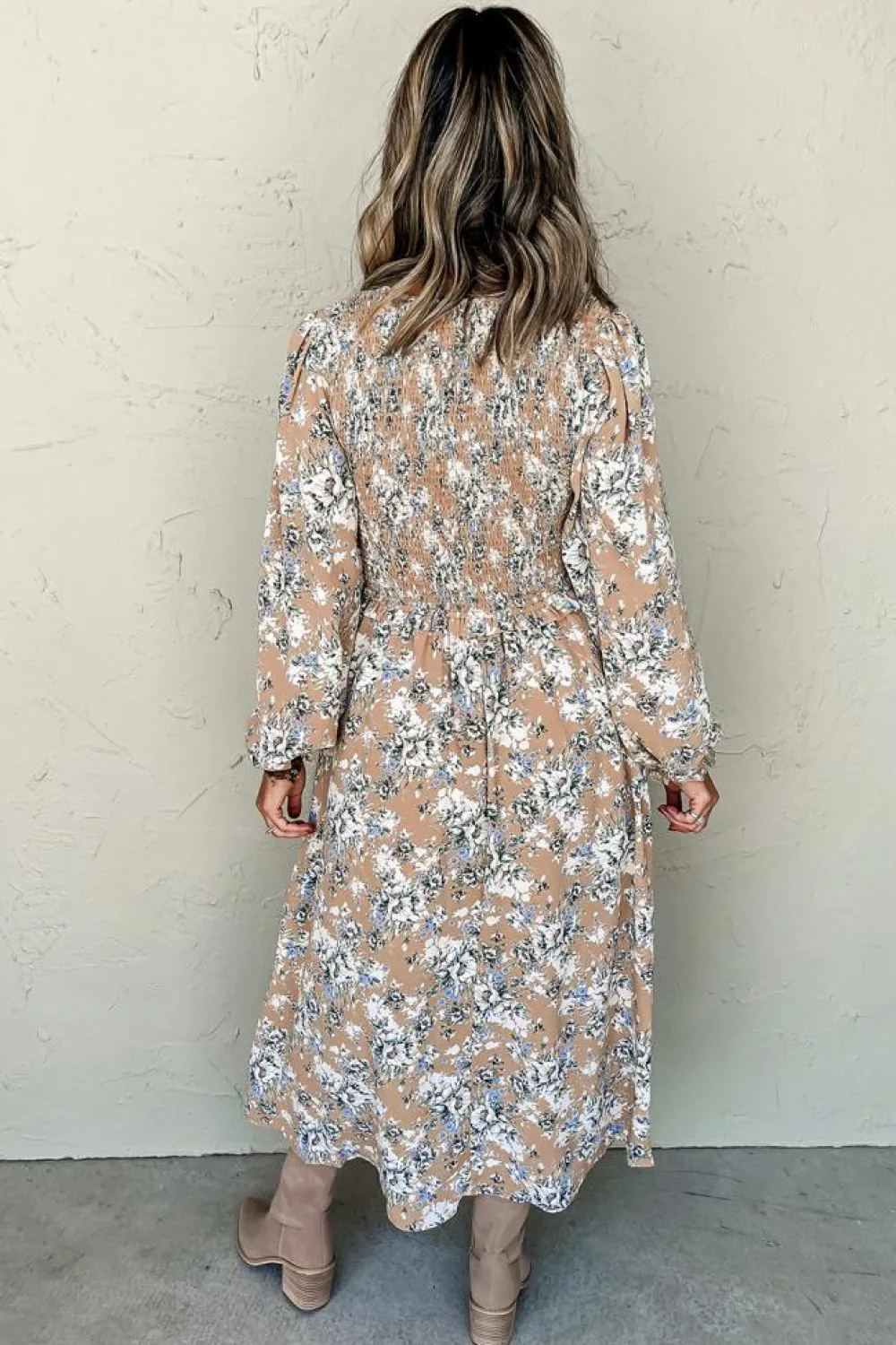 New Dear-Lover Maple Grove Floral Smocked Puff Sleeve Long Dress Khaki