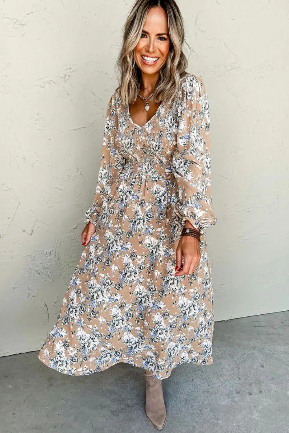 New Dear-Lover Maple Grove Floral Smocked Puff Sleeve Long Dress Khaki