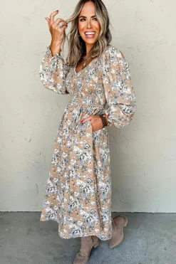 New Dear-Lover Maple Grove Floral Smocked Puff Sleeve Long Dress Khaki