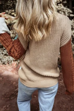Clearance Dear-Lover Mix Textured Knit Colorblock Patchwork Sweater Khaki