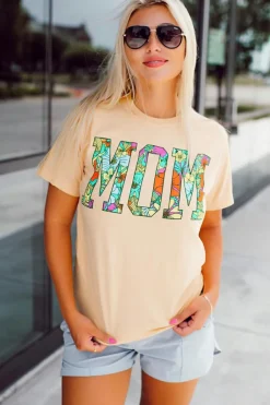 Outlet Dear-Lover MOM Floral Letter Print T Shirt Khaki