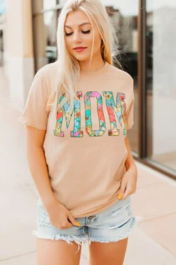 Outlet Dear-Lover MOM Floral Letter Print T Shirt Khaki