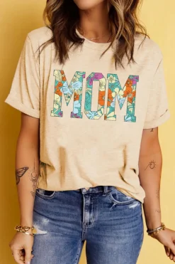 Outlet Dear-Lover MOM Floral Letter Print T Shirt Khaki
