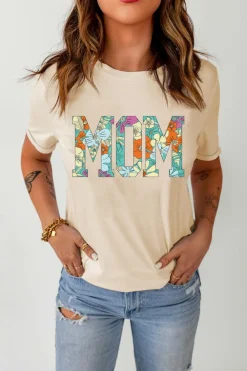 Outlet Dear-Lover MOM Floral Letter Print T Shirt Khaki