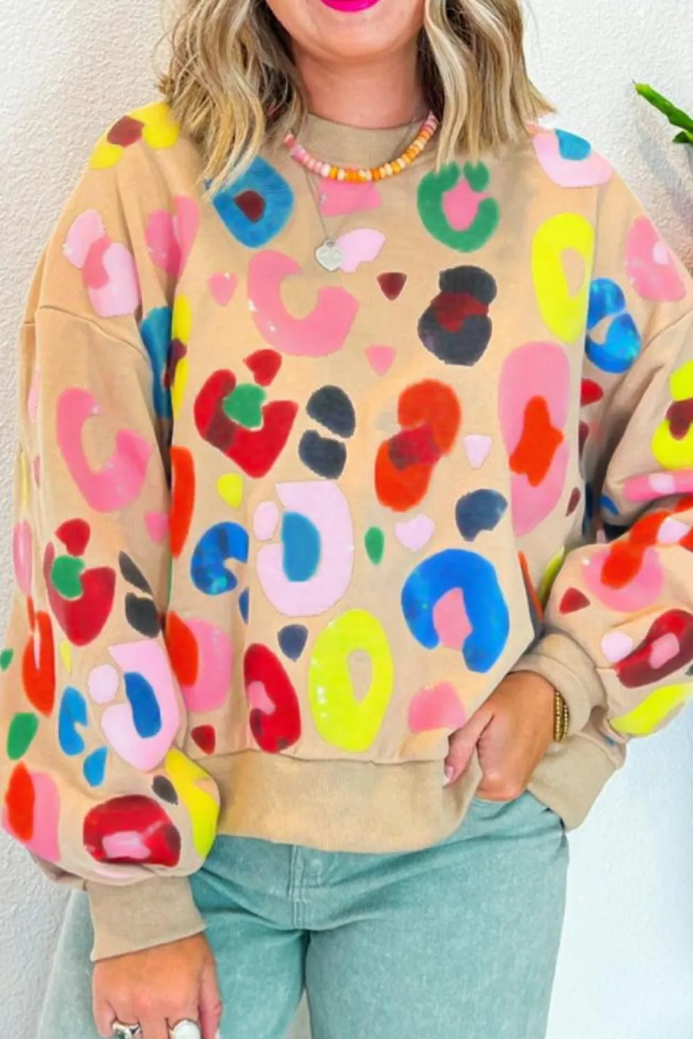 Best Dear-Lover Multicolor Leopard Printed Drop Shoulder Pullover Sweatshirt Khaki