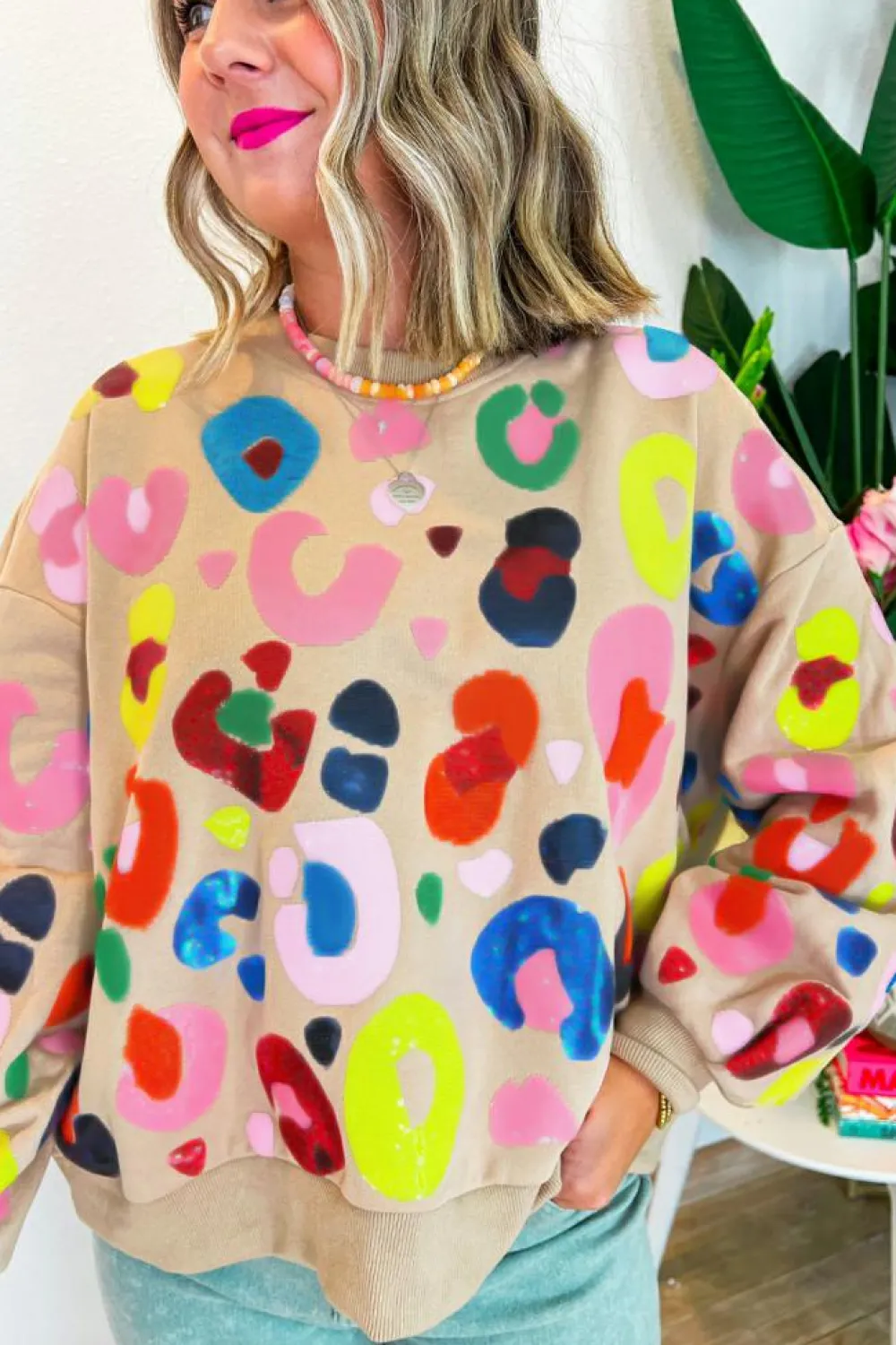 Best Dear-Lover Multicolor Leopard Printed Drop Shoulder Pullover Sweatshirt Khaki