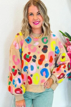 Best Dear-Lover Multicolor Leopard Printed Drop Shoulder Pullover Sweatshirt Khaki