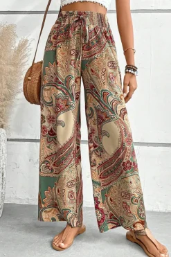 Outlet Dear-Lover Paisley Print Boho Elastic Waist Wide Leg Pants Khaki