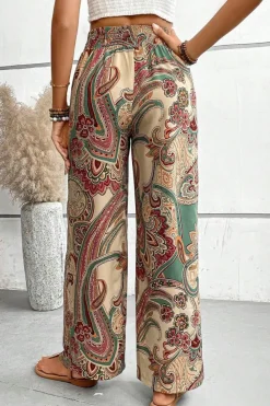 Outlet Dear-Lover Paisley Print Boho Elastic Waist Wide Leg Pants Khaki