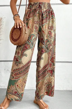Outlet Dear-Lover Paisley Print Boho Elastic Waist Wide Leg Pants Khaki