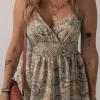 Fashion Dear-Lover Paisley Printed Spaghetti Strap V Neck Smocked Babydoll Tank Top Khaki