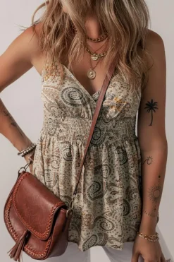 Fashion Dear-Lover Paisley Printed Spaghetti Strap V Neck Smocked Babydoll Tank Top Khaki