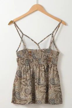 Fashion Dear-Lover Paisley Printed Spaghetti Strap V Neck Smocked Babydoll Tank Top Khaki