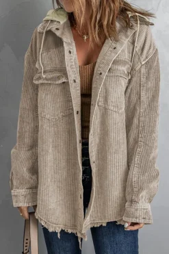 Fashion Dear-Lover Patchwork Hooded Corduroy Shacket Khaki