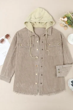 Fashion Dear-Lover Patchwork Hooded Corduroy Shacket Khaki